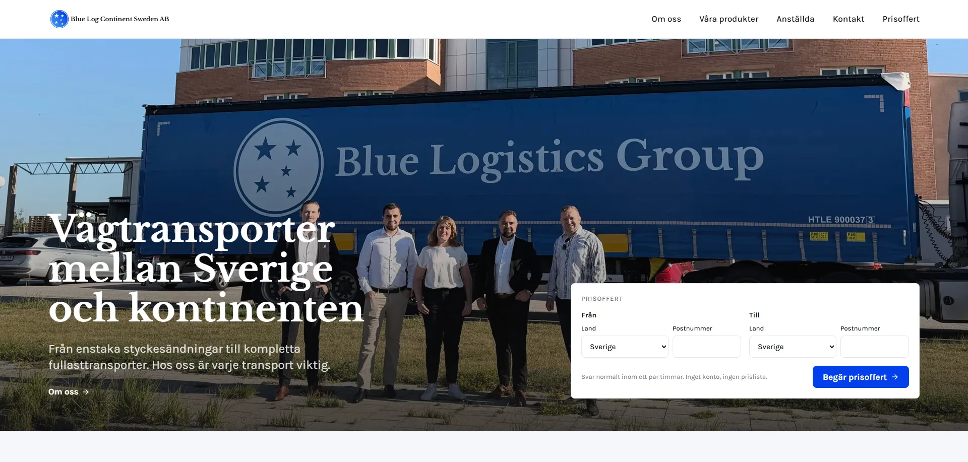 Hemsida vi byggt åt transportföretaget Blue Log Continent